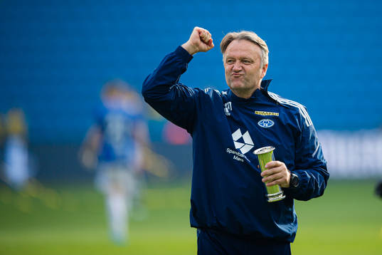 Erling Moe, head coach of Molde, celebrates with the trophy
