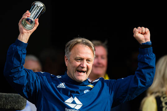 Erling Moe, head coach of Molde, celebrates with the trophy