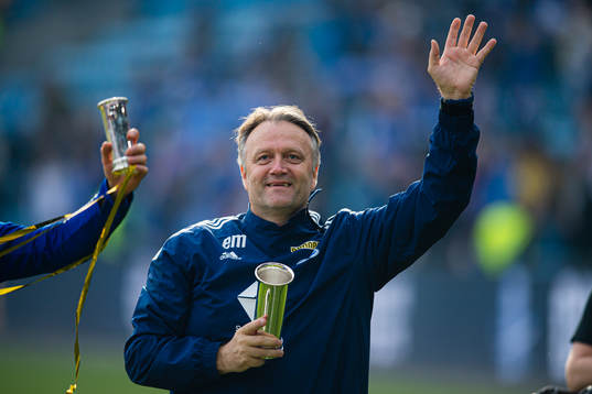 Erling Moe, head coach of Molde, celebrates with the trophy
