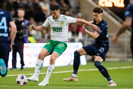 Hammarbys Astrit Selmani och Malmö FFs Dennis Hadzikadunic