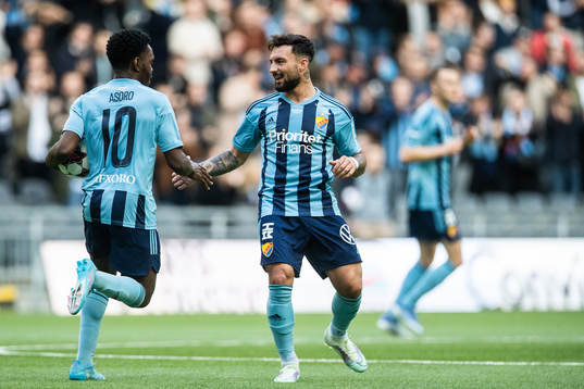 Djurgårdens Joel Asoro och Sead Haksabanovic jublar