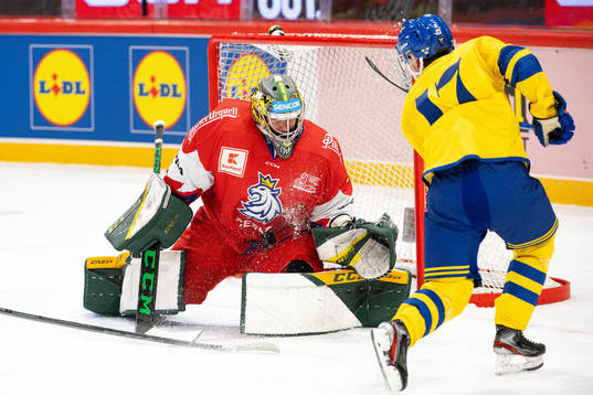 Oskar Lang of Sweden  against goalkeeper Marek Langhammer