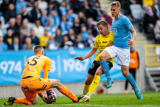 Mjällbys målvakt Samuel Brolin och Malmö FFs Felix Beijmo