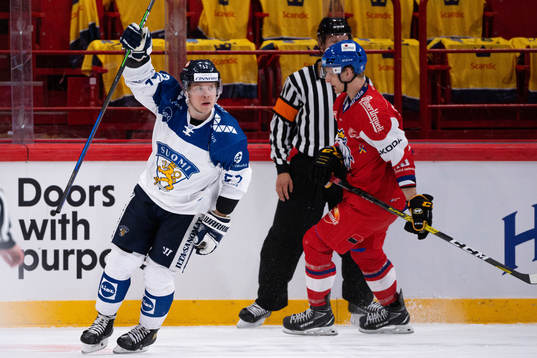 Petrus Palmu of Finland celebrates the 1-2 goal
