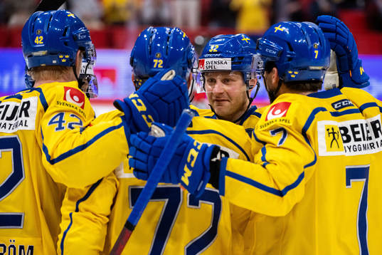 Lucas Wallmark of Sweden celebrates with Emil Bemström
