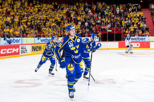 Rasmus Dahlin of Sweden celebrates the 2-0 goal by Joakim