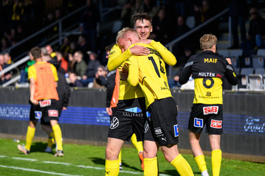 Mjällbys Herman Johansson och Noah Eile  jublar