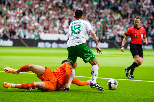 s målvakt Budimir Janosevic och Hammarbys Loret Sadiku