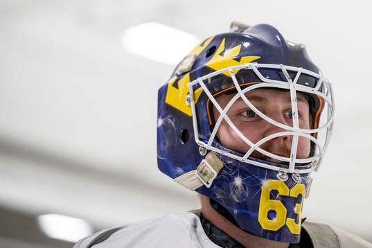 Goaltender Marcus Högberg of Sweden at a practice session