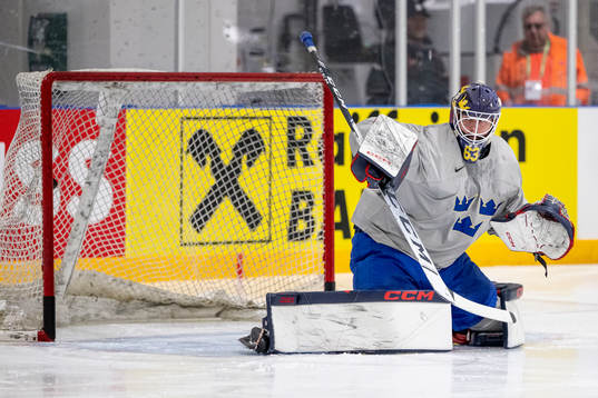 Goaltender Marcus Högberg of Sweden at a practice session