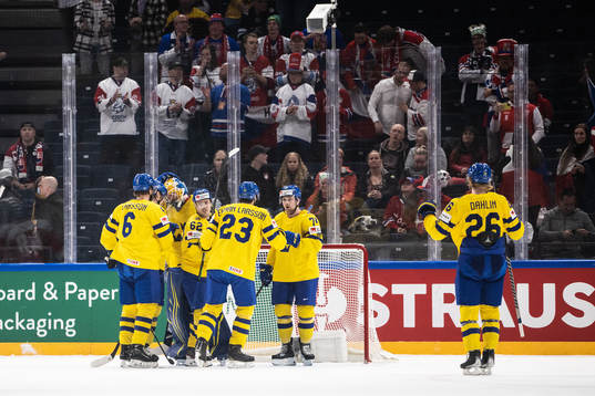 goaltender Magnus Hellberg of Sweden celebrates