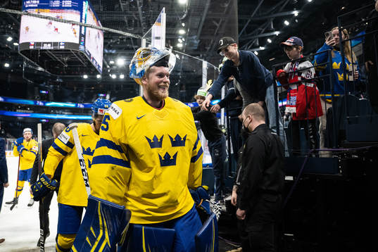 goaltender Magnus Hellberg of Sweden celebrates