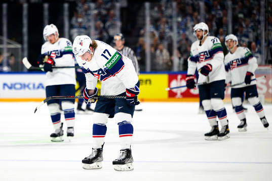 Adam Gaudette of USA looks dejected