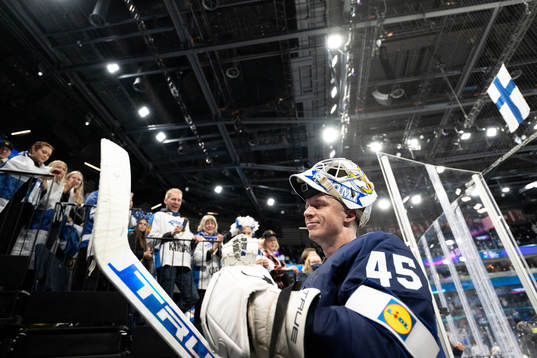 Goaltender Juho Olkinuora of Finland celebrates