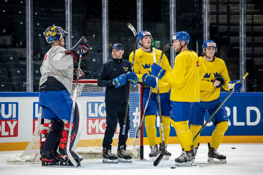 Goaltender coach Stefan Ladhe of Sweden at a practice