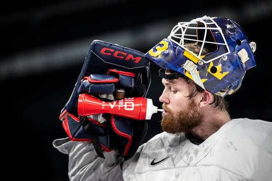 Goaltender Marcus Högberg of Sweden at a practice session