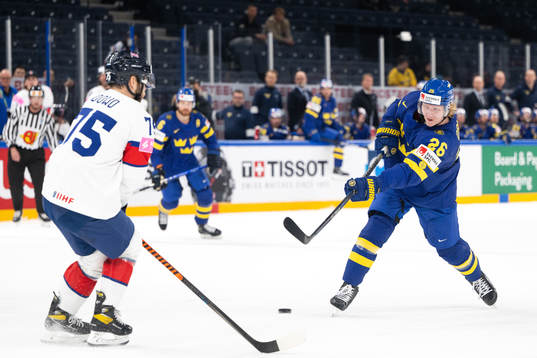 Rasmus Dahlin of Sweden scores the 4-0 goal