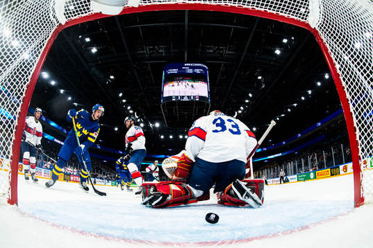 Rasmus Dahlin of Sweden (not pictured) scores the 4-0 goal