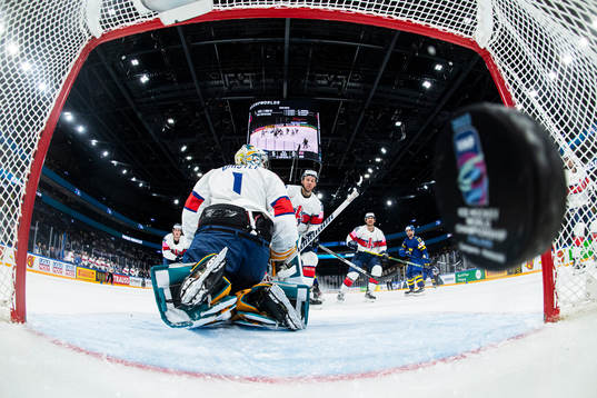 Anton Bengtsson of Sweden (not pictured) scores the 6-0