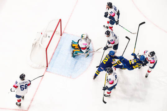 Anton Bengtsson of Sweden collides with Max Friberg