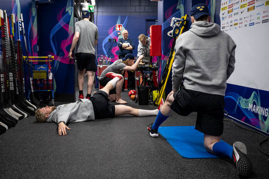 Goaltender Magnus Hellberg and Rasmus Dahlin of Sweden