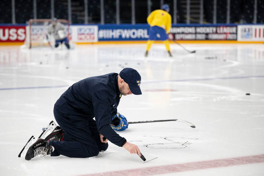 Goaltender coach Stefan Ladhe of Sweden at a practice