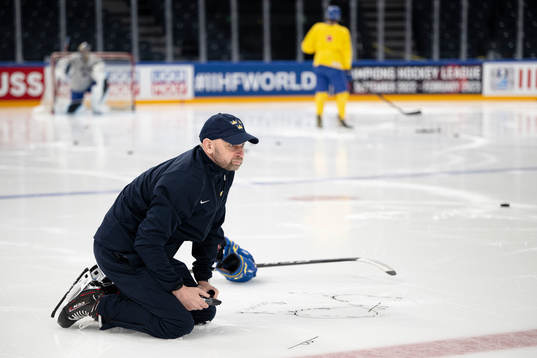 Goaltender coach Stefan Ladhe of Sweden at a practice