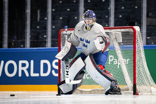 Goaltender Oscar Dansk of Sweden at a practice session
