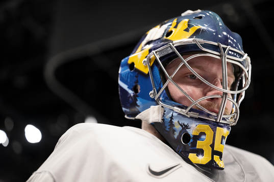 Goaltender Oscar Dansk of Sweden at a practice session