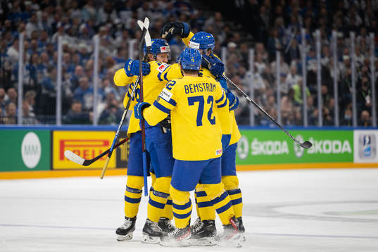 Rasmus Dahlin and Adam Larsson of Sweden celebrate the 0-1