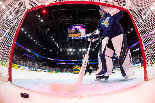 Goaltender harri Säteri of Finland looks dejected