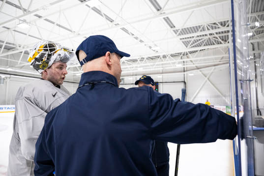 Goaltender Linus Ullmark at a practice session with Sweden