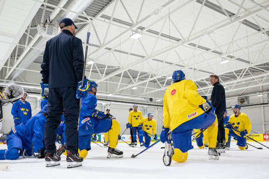 Head coach Johan Garpenlöv and the players at a practice
