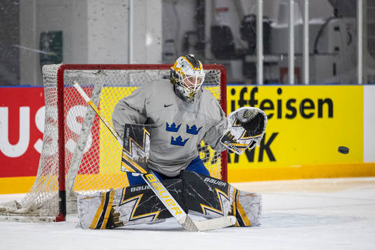 Goaltender Linus Ullmark at a practice session with Sweden