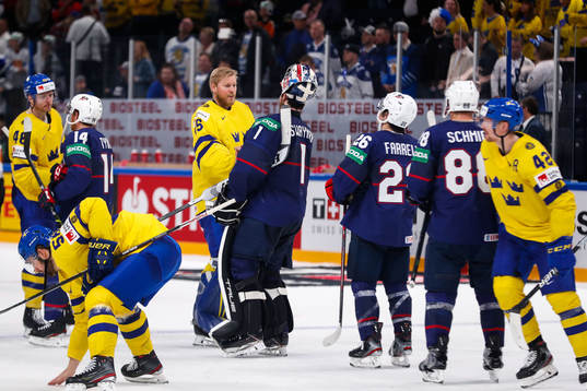 Goaltender Magnus Hellberg of Sweden looks dejected