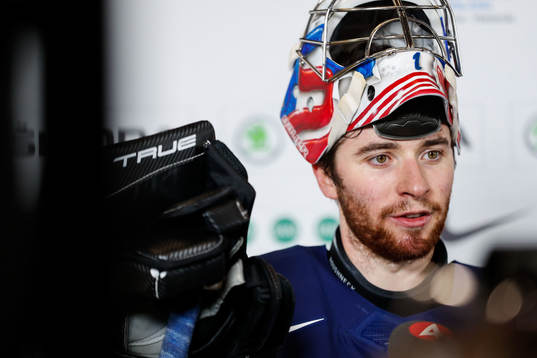 Goaltender Jeremy Swayman of USA