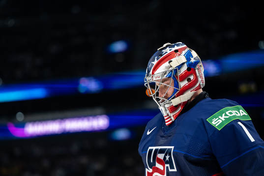 Goaltender Jeremy Swayman of USA