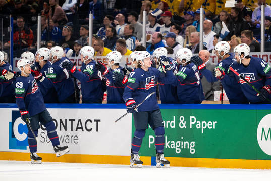 Adam Gaudette of USA celebrates 1-1
