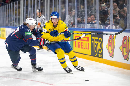 Adam Gaudette of USA and Rasmus Dahlin of Sweden