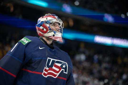 Goaltender Jeremy Swayman of USA