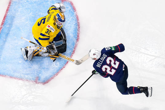 Goaltender Linus Ullmark of Sweden and Kieffer Bellows of
