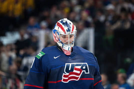 Goaltender Jeremy Swayman of USA
