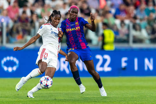 Kadeisha Buchanan of Lyon and Asisat Oshoala of Barcelona