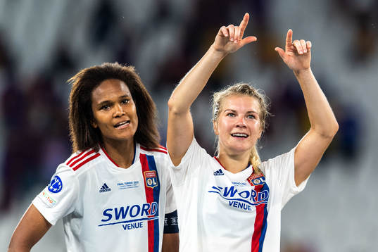 Wendie Renard and Ada Hegerberg of Lyon celebrates winning