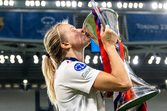 Ada Hegerberg of Lyon celebrates winning the UEFA Women's