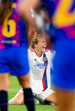 Ada Hegerberg of Lyon celebrates at the final whistle