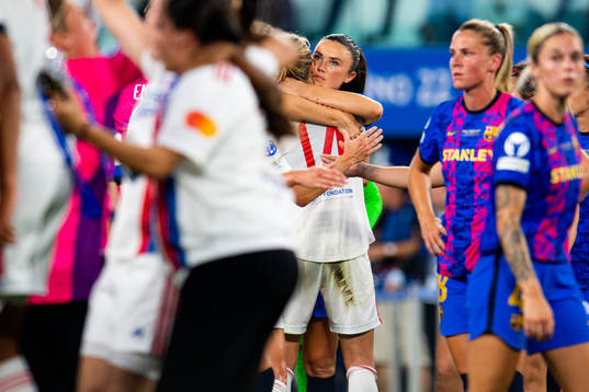 Ada Hegerberg of Lyon and Ingrid Syrstad Engen of Barcelona