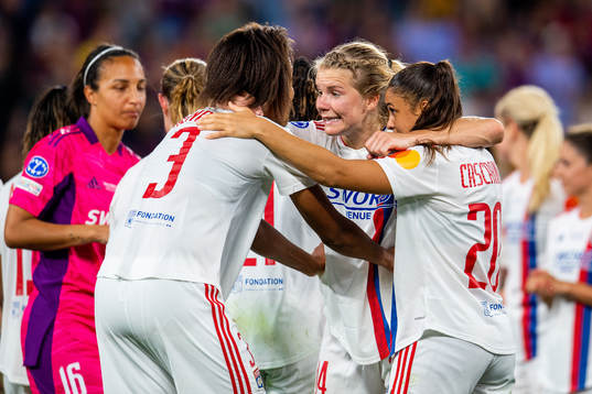 Wendie Renard, Ada Hegerberg and Delphine Cascarino of Lyon