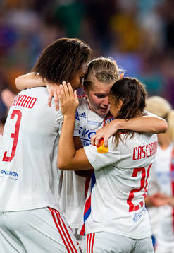 Wendie Renard, Ada Hegerberg and Delphine Cascarino of Lyon