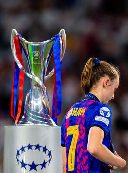 Caroline Graham Hansen of Barcelona walks dejected past the